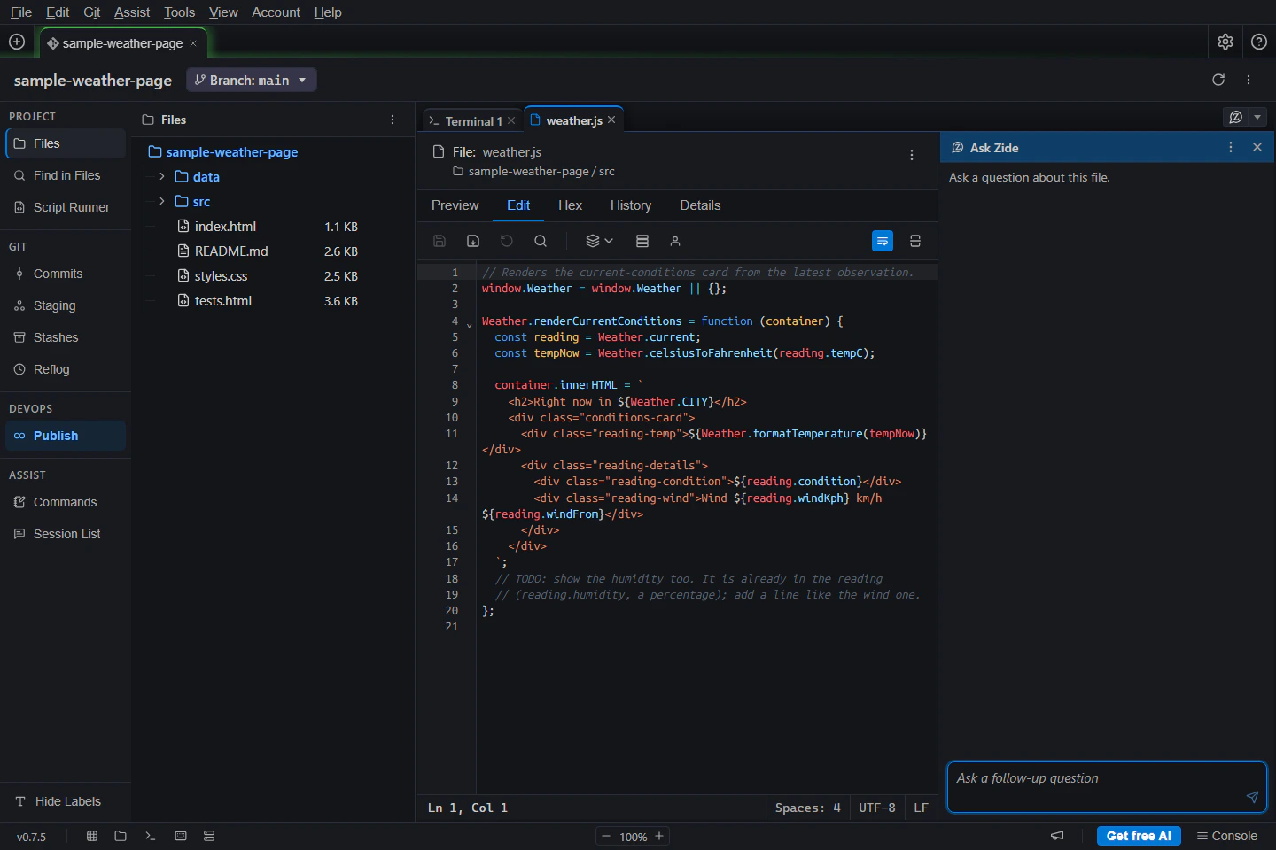 Ask Zide open to the right of weather.js with its question field at the bottom
