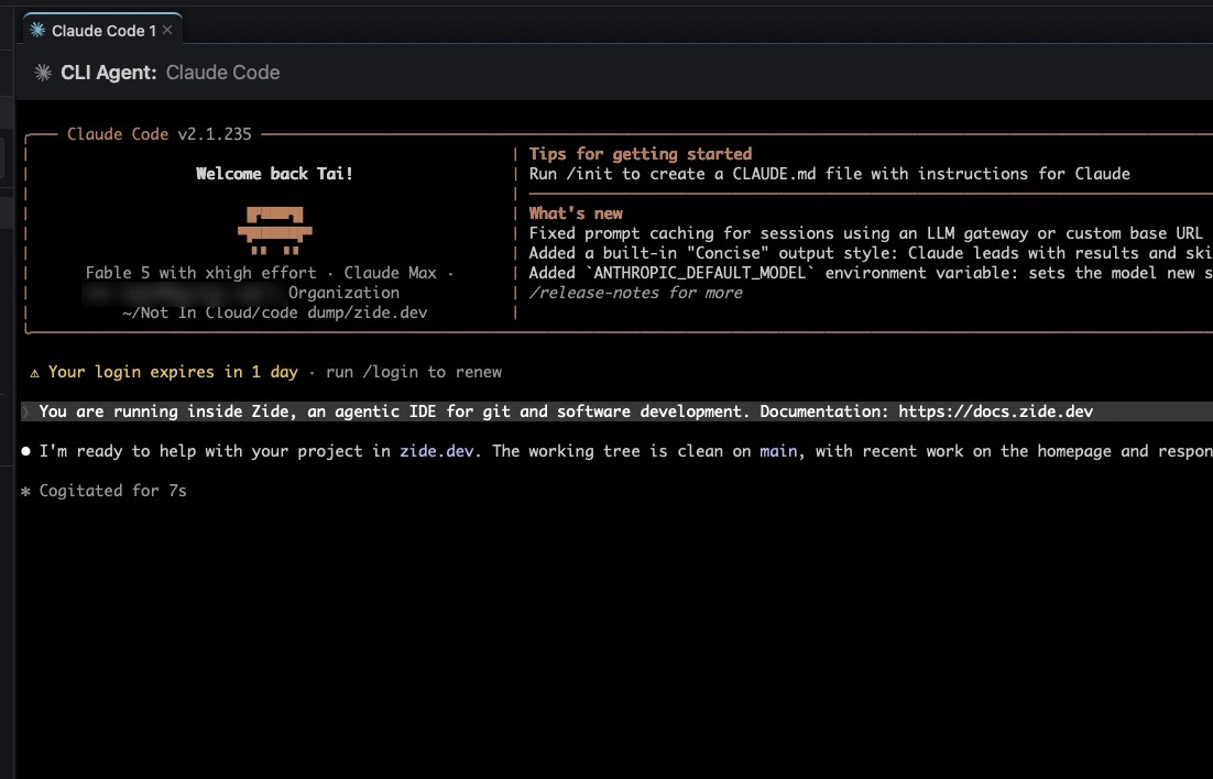 Zide running a CLI coding agent in a dedicated tab