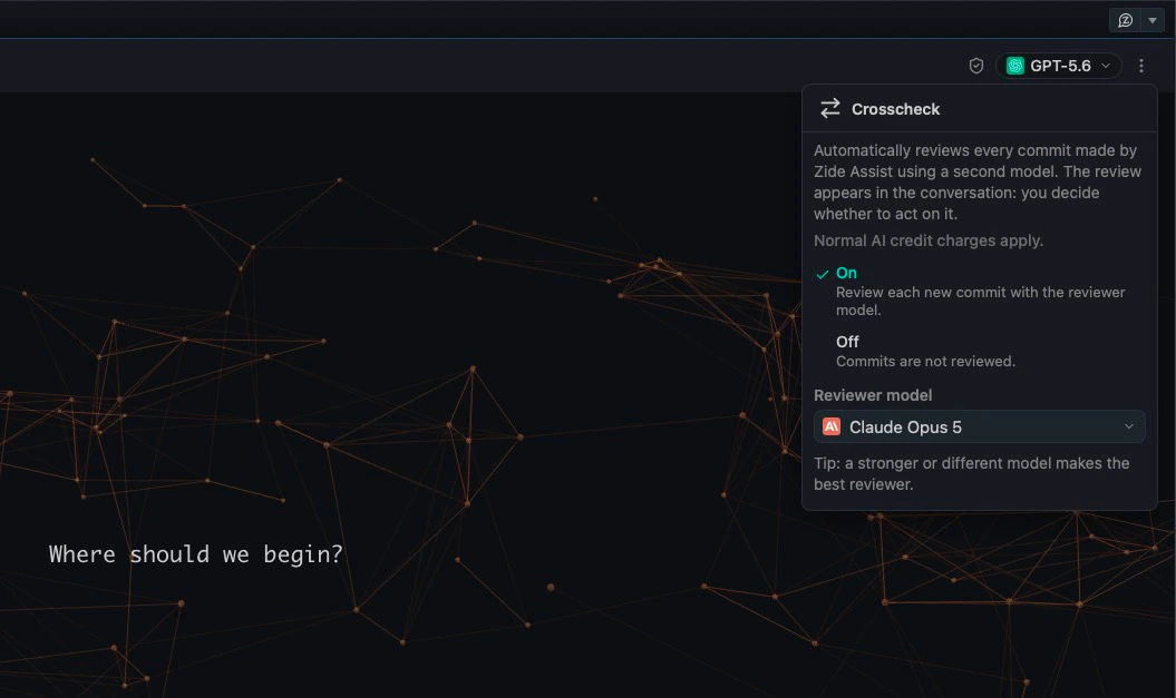 Zide's Crosscheck settings open over a conversation: Crosscheck switched on to review each new commit, with Claude Opus 5 chosen as the reviewer model while GPT-5.6 is the session's model