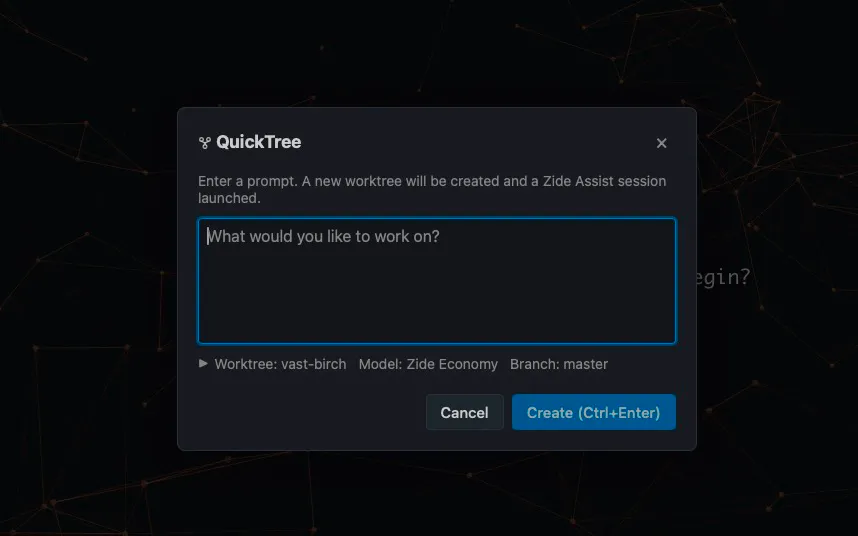 QuickTree dialog with a task prompt and a summary of worktree, model, and branch settings.
