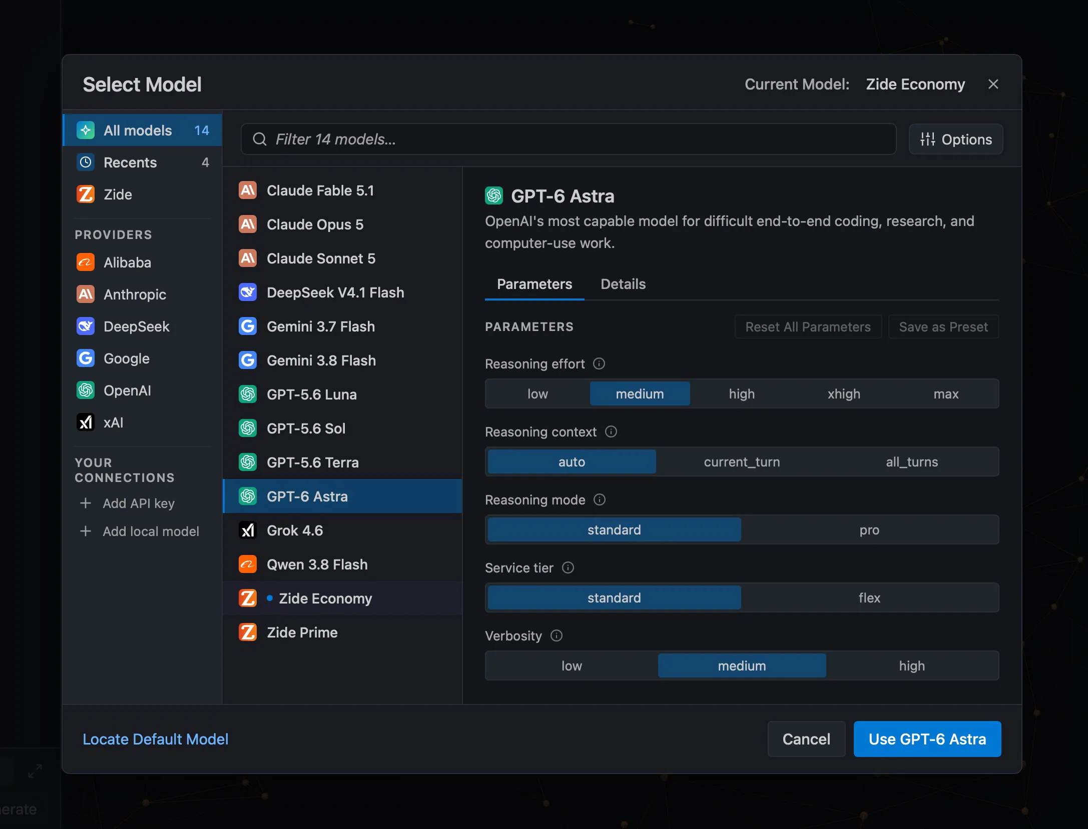 The Zide Assist model picker listing the newly added GPT-6 Astra, Claude Fable 5.1, Gemini 3.8 Flash, Qwen 3.8 Flash, and DeepSeek V4.1 Flash alongside their parameters.