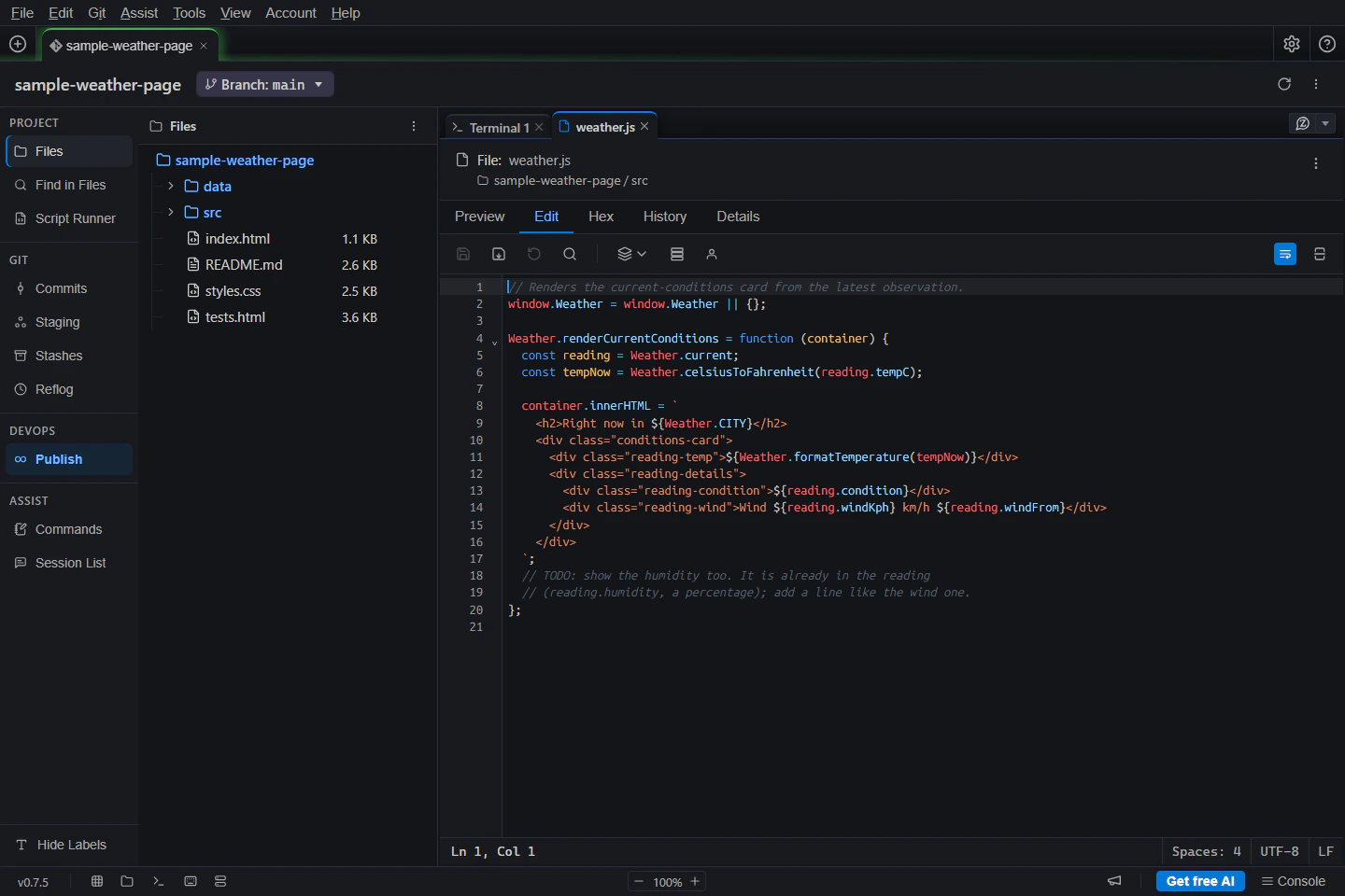 Sample weather project with its Project Tab at the top, activity bar on the left, Files panel, weather.js content tab, and Branch control below the Project Tab