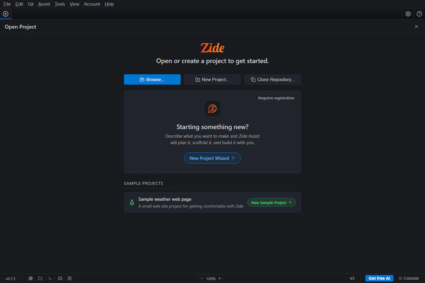 Open Project screen with Sample Projects and the New Sample Project button below the New Project Wizard