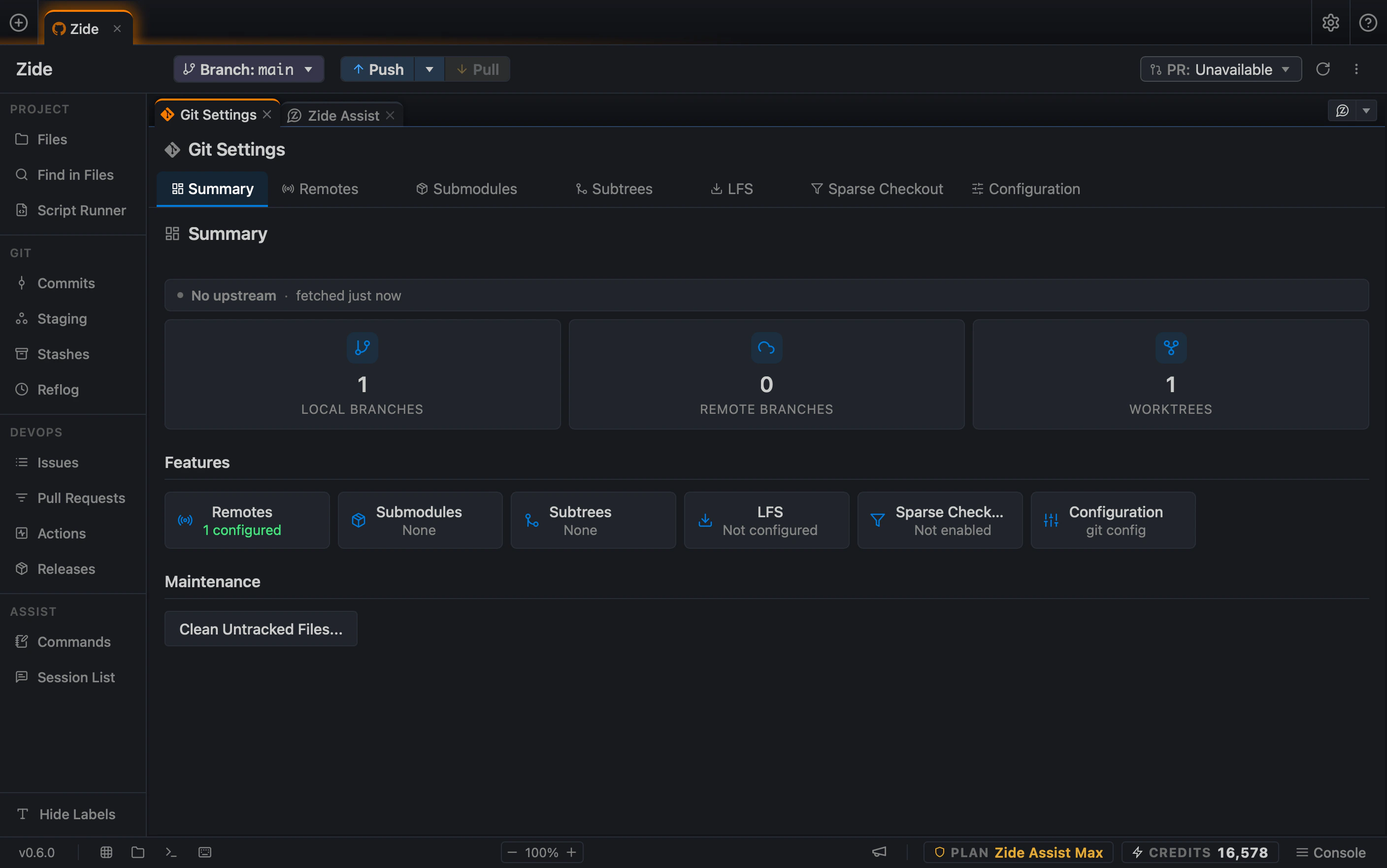 Zide's Git surfaces: commits, staging, stashes, and reflog in the sidebar, with a Git summary showing branch and worktree counts, remotes, submodules, subtrees, LFS, and sparse checkout