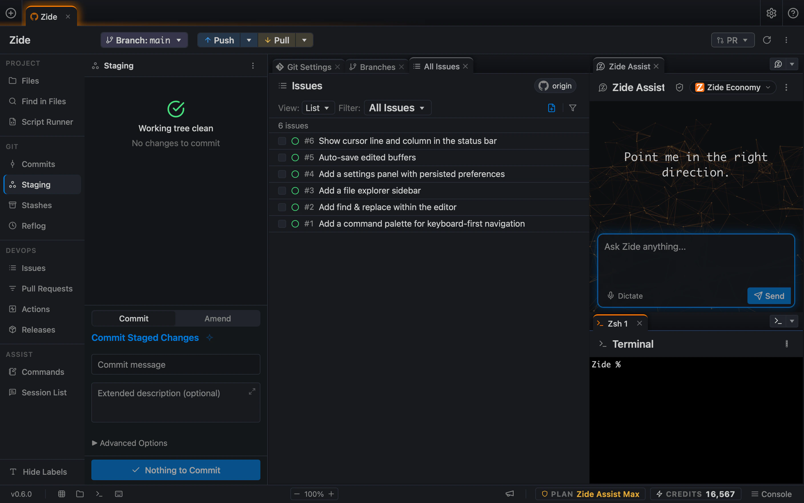 Zide Assist beside the context it works from: an issues list pulled from the repository's origin, Git staging, and a terminal session in the same window