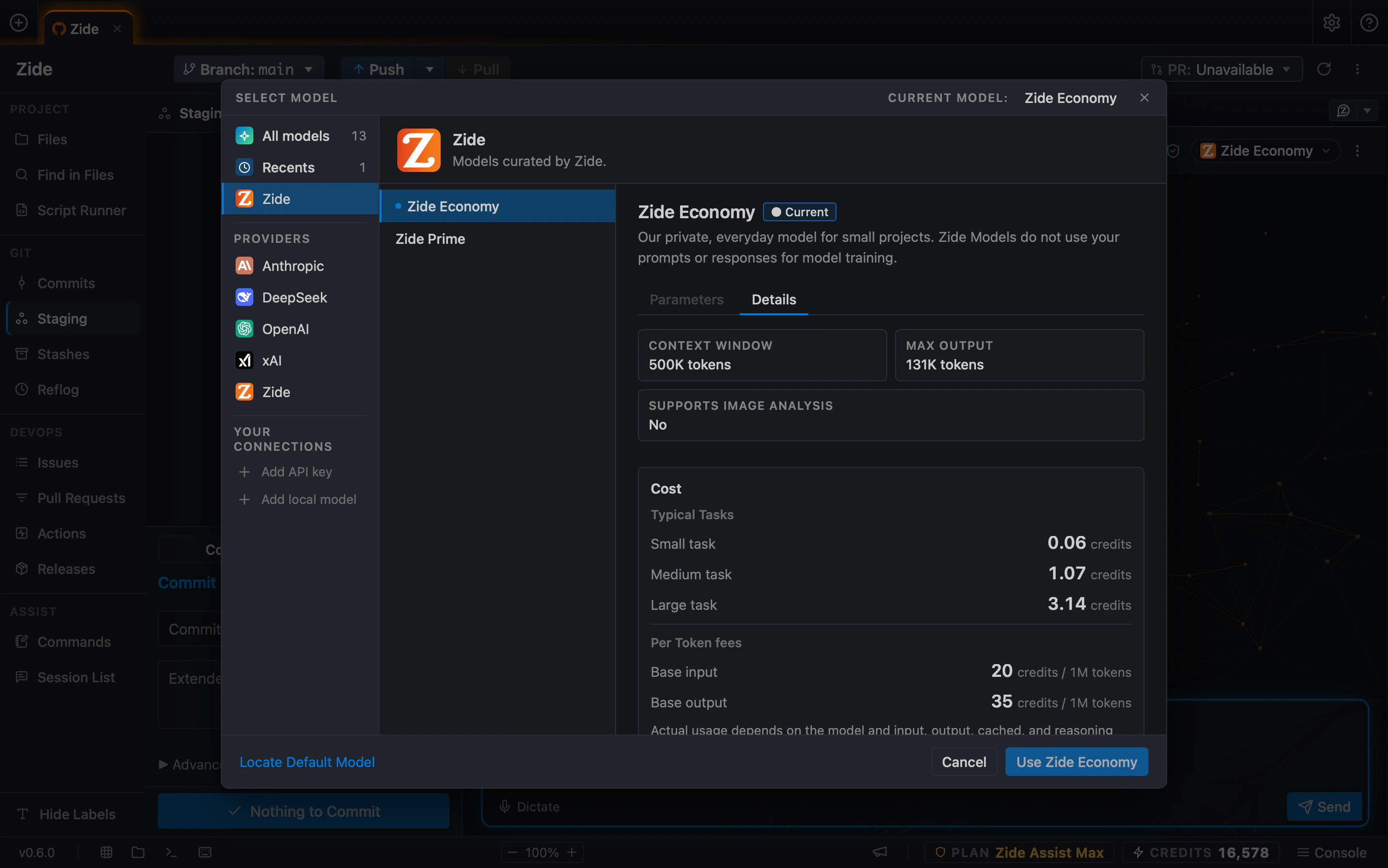 Zide's model picker: providers in a sidebar with the selected model's context window, maximum output, and credit cost