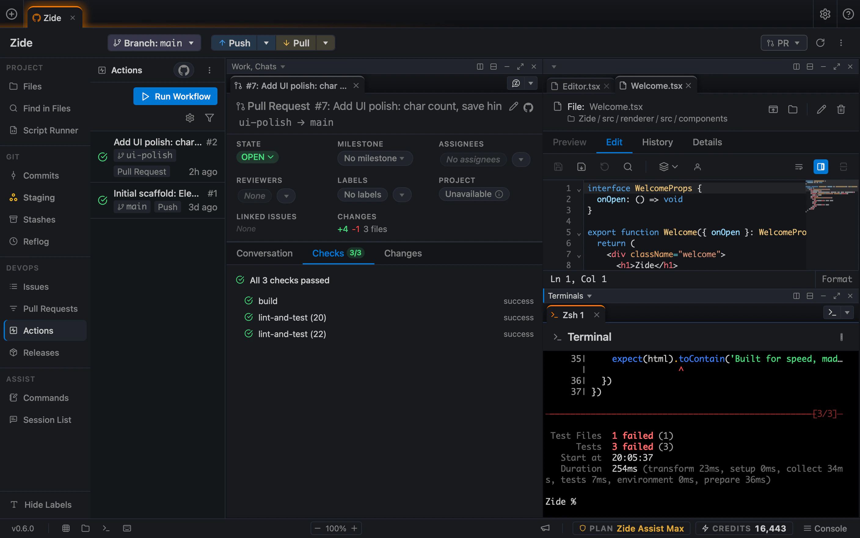 A pull request and its CI results in the same Zide window: the Actions surface lists workflow runs, the pull request pane reports all three checks passed, and an editor and terminal sit in adjacent panes