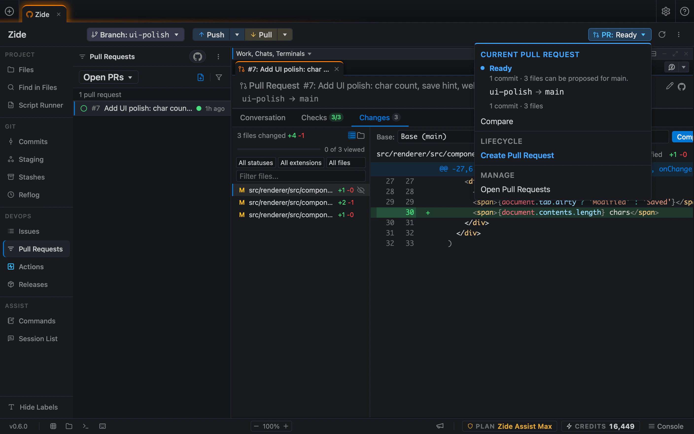 A pull request open in Zide: the repository's open pull requests in the sidebar, the PR's changed files and diff in the main pane, and a status menu showing the branch is ready to merge into main