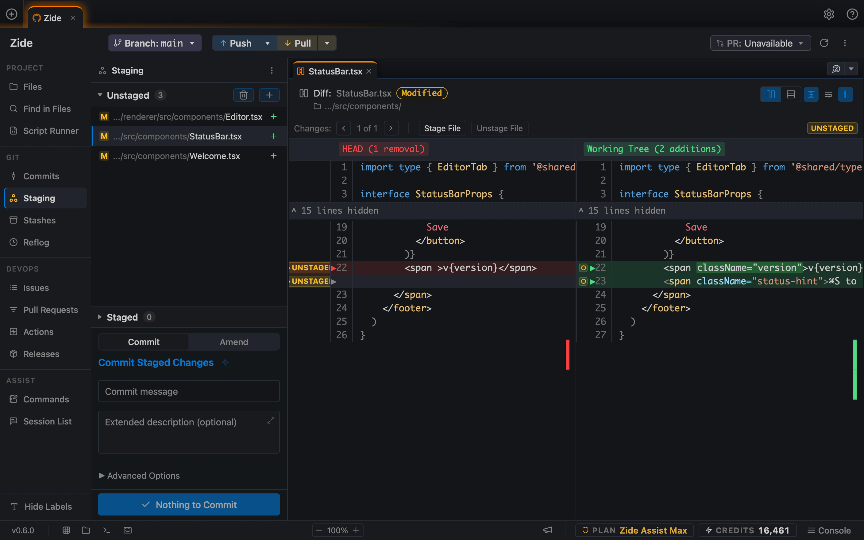 Zide's Git staging surface beside a side-by-side diff: three modified files listed on the left, the selected file's committed and working-tree versions compared line by line, and a commit message box below