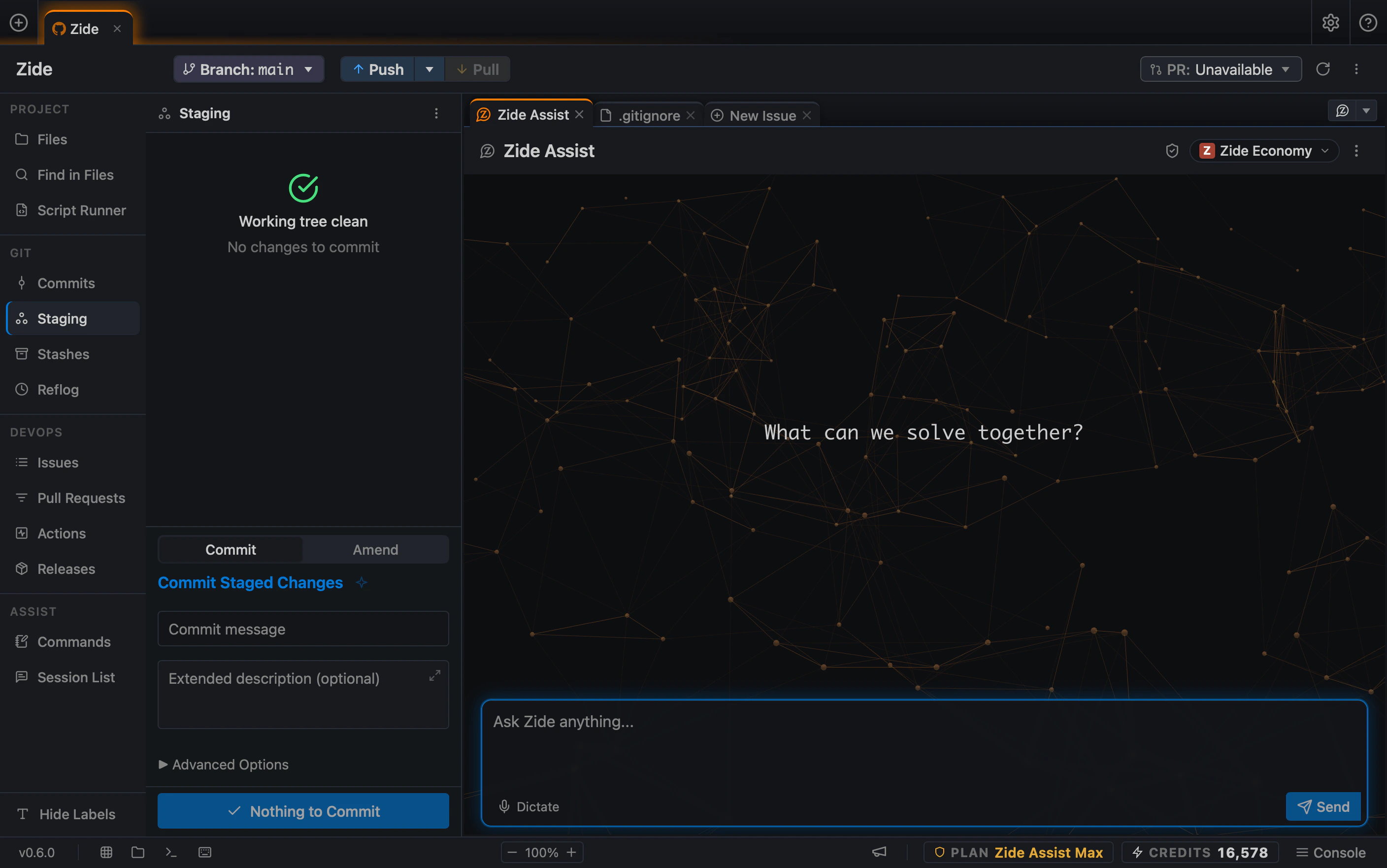 The Zide workspace: a project's files, Git, and DevOps surfaces in the sidebar, Git staging in the left pane, and a Zide Assist conversation on the right